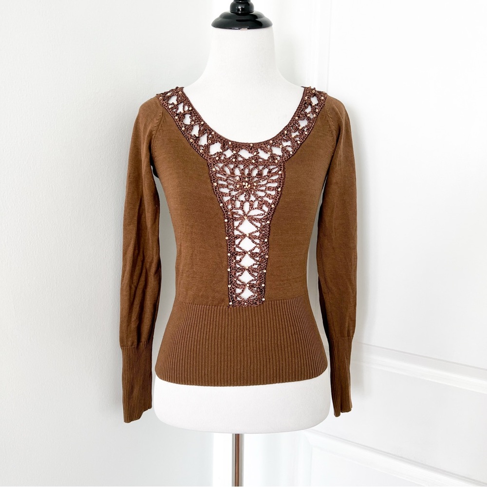 Vintage bebe Brown Crochet Detail Blouse - Extra Small